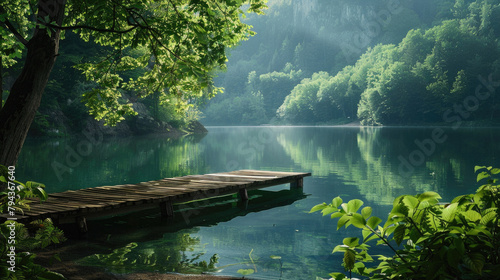 A wooden dock sits on a lake surrounded by trees photo