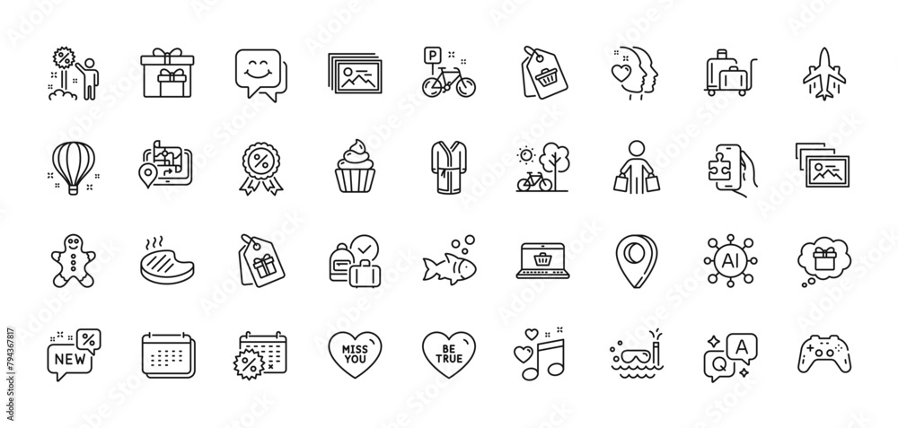 Gps, Sale tag and Air balloon line icons pack. AI, Question and Answer, Map pin icons. Gamepad, Puzzle game, Discount web icon. Online shopping, Miss you, Coupons pictogram. Vector