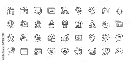 Gps, Sale tag and Air balloon line icons pack. AI, Question and Answer, Map pin icons. Gamepad, Puzzle game, Discount web icon. Online shopping, Miss you, Coupons pictogram. Vector