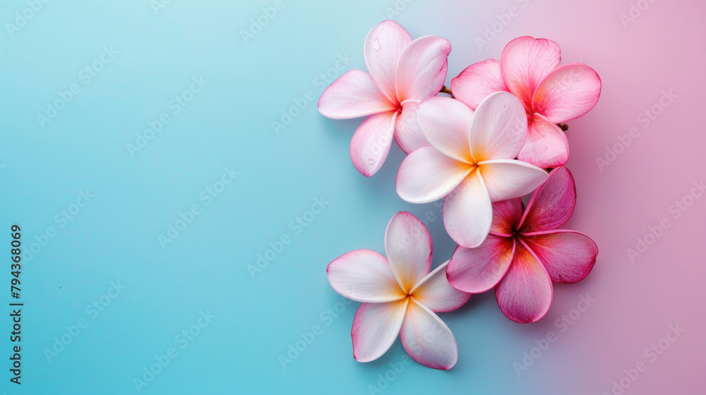 Frangipani white pink flower on gradient pink blue background with copy space, Elegant Pink White Flower Frangipani white pink flower on gradient pink blue background with copy space, Elegant Pink White Flower