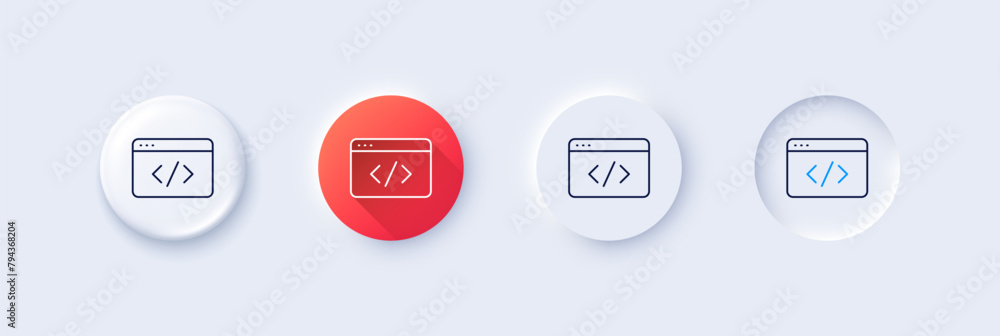 Seo script line icon. Neumorphic, Red gradient, 3d pin buttons. Web programming sign. Traffic management symbol. Line icons. Neumorphic buttons with outline signs. Vector Seo script line icon. Neumorphic, Red gradient, 3d pin buttons. Web programming sign. Traffic management symbol. Line icons. Neumorphic buttons with outline signs. Vector