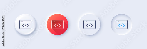 Seo script line icon. Neumorphic, Red gradient, 3d pin buttons. Web programming sign. Traffic management symbol. Line icons. Neumorphic buttons with outline signs. Vector