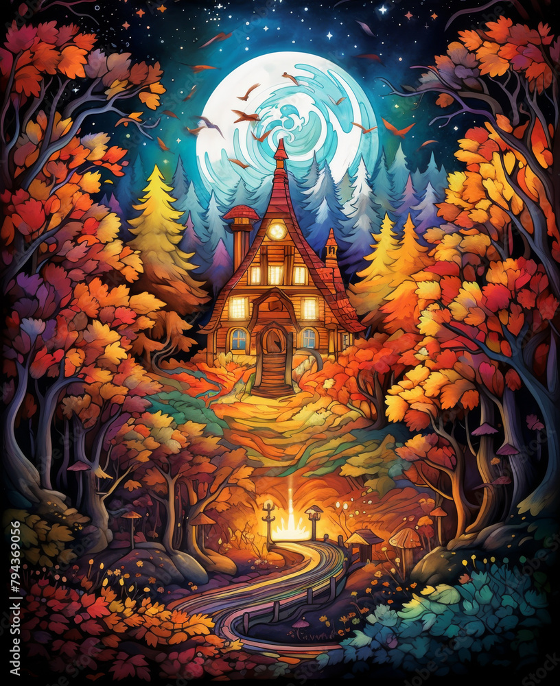 Fototapeta premium Enchanted Autumn Forest House Illustration