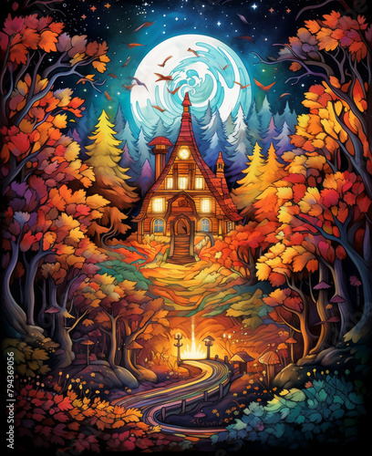 Enchanted Autumn Forest House Illustration