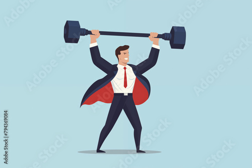 Business graphic vector modern style illustration of a business man lifting heavy weight succeeding being strong champion winning super hero carry burden achieve success conquer challenge photo
