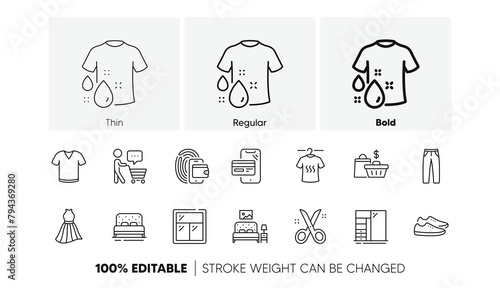 Shoes, Dress and Wash t-shirt line icons. Pack of Scissors, Wallet, Window icon. Buyer think, T-shirt, Pants pictogram. Cupboard, Bed, Furniture. Online shopping, Sale bags. Fashion footwear. Vector