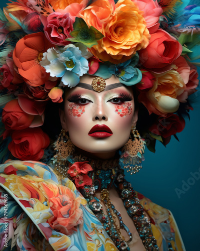 Extravagant fashion portrait of a woman in vibrant attire with red floral elements and accessorized