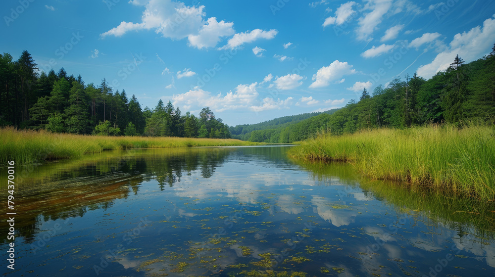  Pristine lake in a forest clearing under a blue sky, reflecting a picture of serenity and untouched nature.