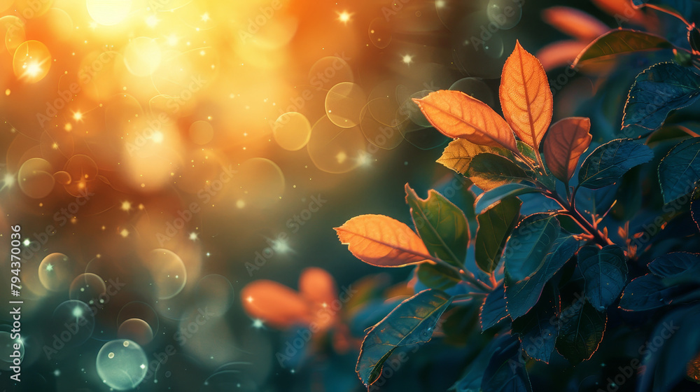  Autumn leaves illuminated by a golden sunlight with a dreamy bokeh background, evoking a serene, magical atmosphere.