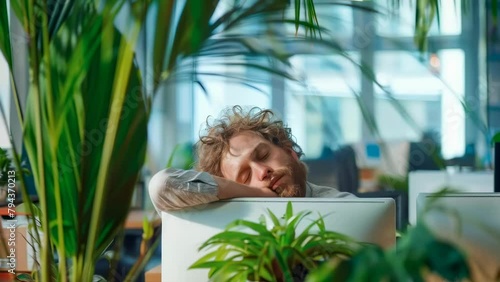 A candid moment capturing a young man at rest, resting his head on his hands at his desk surrounded by lush office plants, hints at work fatigue or taking a break. Burnout in the workplace photo