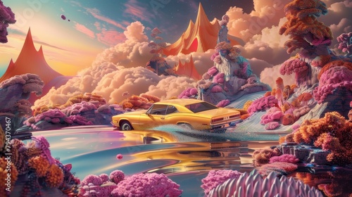 A whimsical and colorful depiction of a car drifting through a fantasy landscape   AI generated illustration