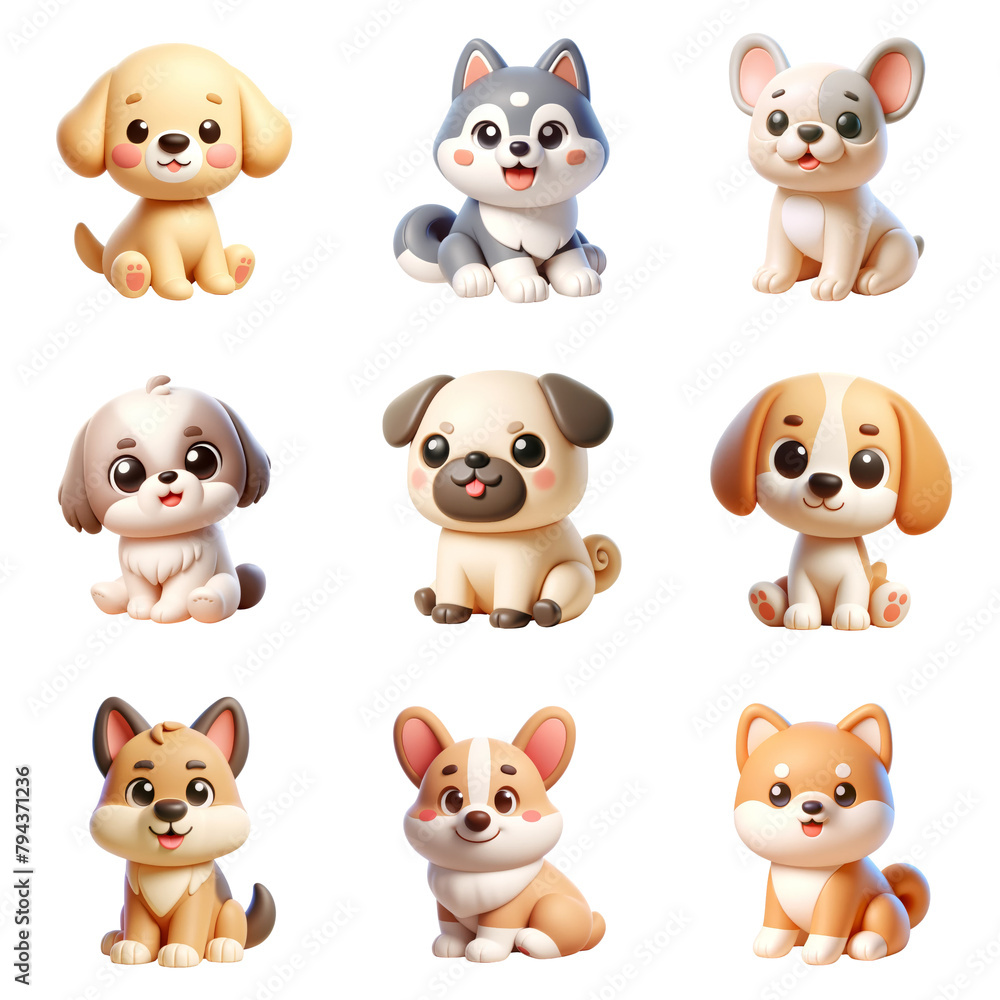 Set of 3d cute cartoon dog breeds sitting, cute puppies. Set of 3d cute cartoon dog breeds sitting, cute puppies.