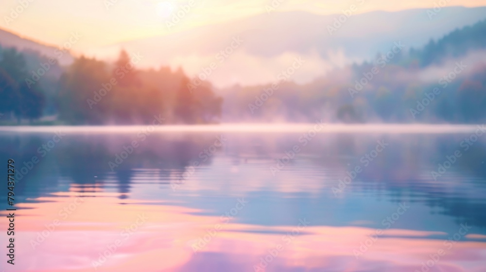 A defocused background image of a tranquil lake with the soft pastel hues of sunset reflecting off the water and casting a dreamy glow on the natural landscape. .