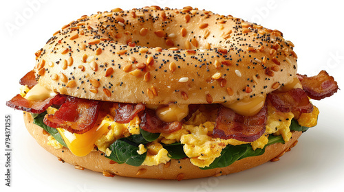 Breakfast sandwich with scrambled eggs, cheese, spinach, and bacon on a toasted bagel on white background.