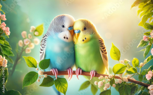A couple of loving budgies in green leaves and flowers. Sunny summer background illustration with cute parrot birds photo