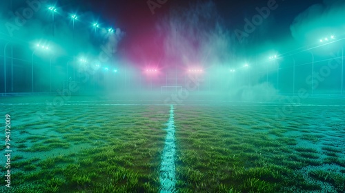 A detailed and atmospheric depiction of a textured soccer game field under a mysterious neon fog at midfield, rendered in a stunning 3D illustration © New Robot