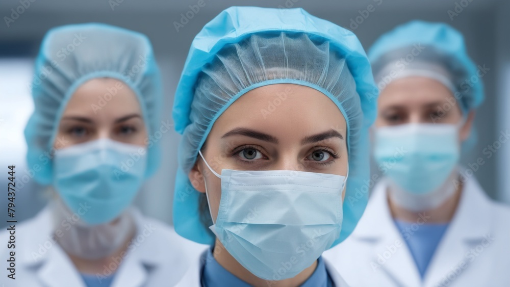 Three masked nurses, doctors before surgery.