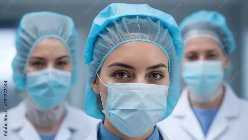Three masked nurses, doctors before surgery. Three masked nurses, doctors before surgery.