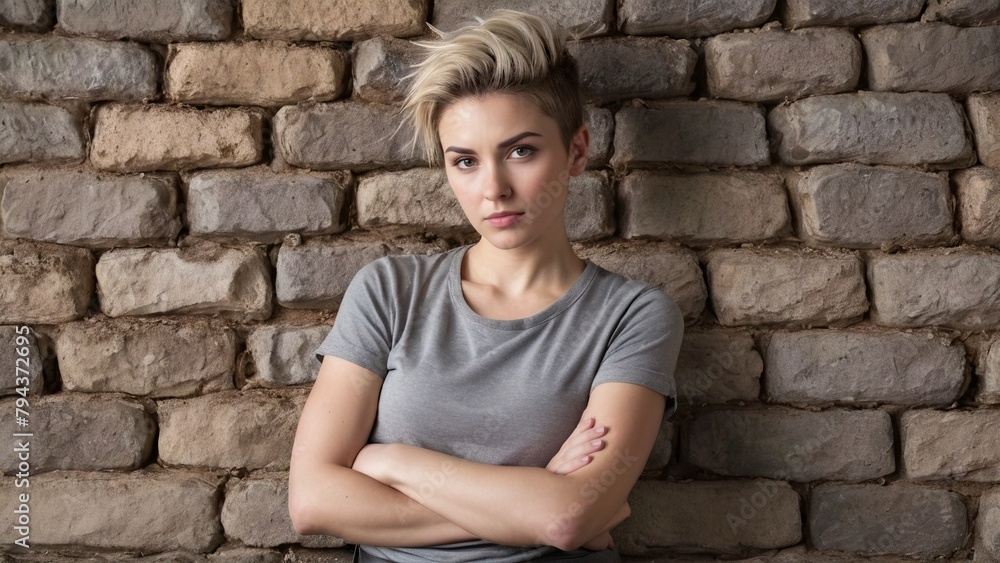 Girl with a crusty haircut on the background of a stone wall