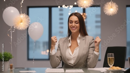 Woman in business suit celebrating success at work photo
