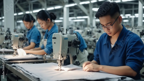 Workers at a garment factory. Man and women of asian appearance sewing clothes in factory photo