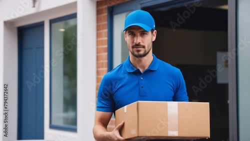 Delivery of parcels to your home. A man in a blue shirt delivers parcels to an address