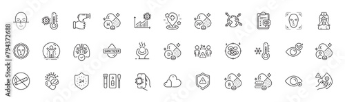 Face detect, Covid app and Shield line icons. Pack of Thermometer, Dirty mask, World vaccination icon. Niacin, Face recognition, Boron mineral pictogram. Coronavirus pills, 24 hours. Vector