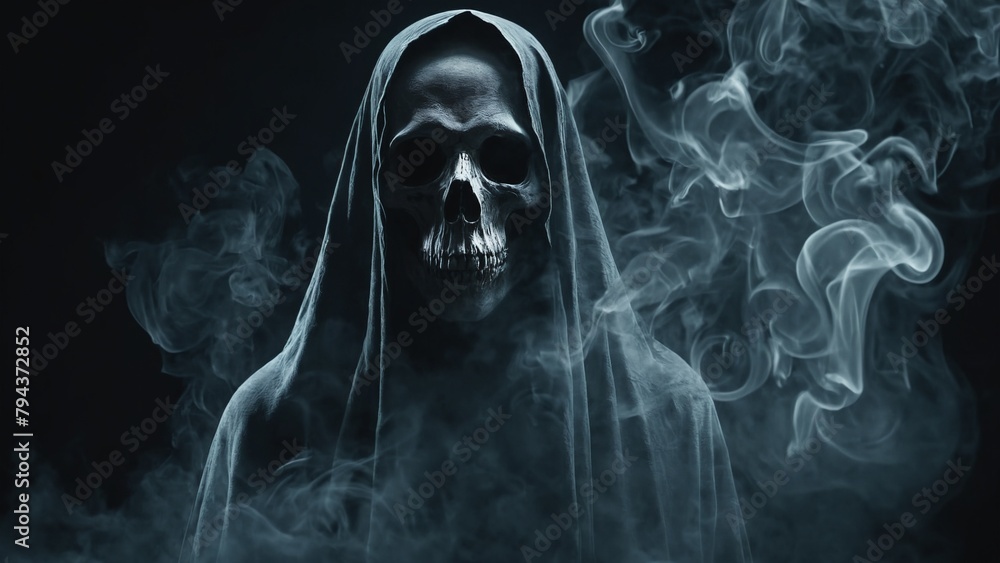 Fototapeta premium Death in a black cloak on a black background