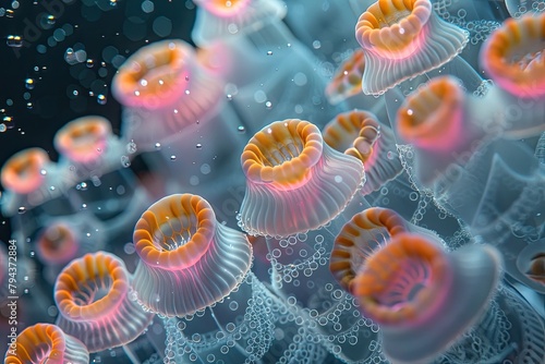 Captivating Underwater Dance of Delicate Planktonic Organisms in an Iridescent,Serene Aquatic Ecosystem photo