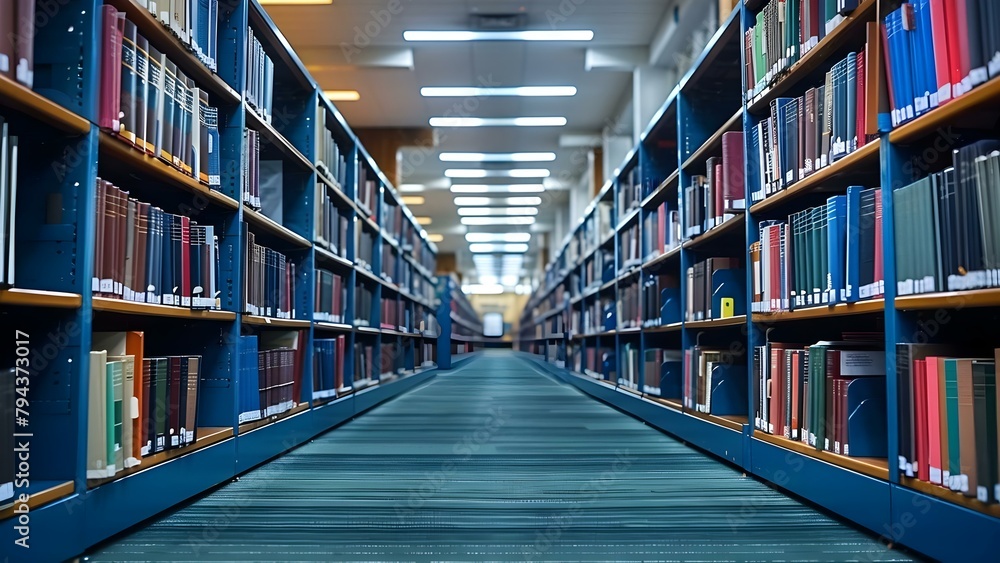 Blurry image of empty college library evokes peaceful atmosphere symbolizing education. Concept Education, College life, Peaceful ambiance, Empty spaces, Blurry images