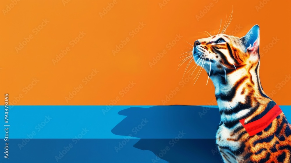 Obraz premium A bengal cat looking up at something off camera with a solid orange background and a blue foreground.