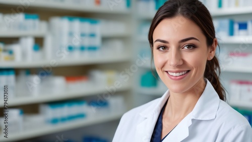 Portrait of a smiling pharmacist with arms crossed at modern pharmacy. photo