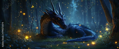 Fototapeta Naklejka Na Ścianę i Meble -  Enchanting Night Scene: Majestic Black Dragon Resting in Forest Clearing, Surrounded by Trees, Plants. Created with Imitation Oil Technique. 3D Rendering
