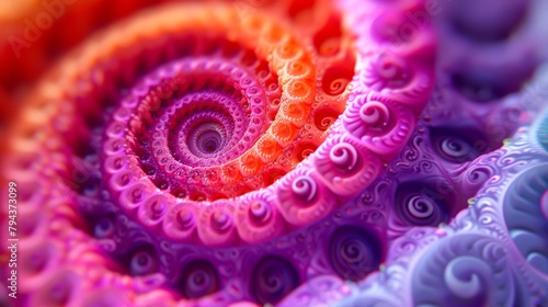 A 3D rendering of a pink and purple nautilus shell.