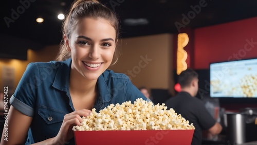 Girl saleswoman in the cinema with popcorn