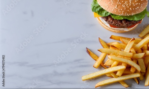 Delicious burger with french fries. Space for the text. Fast food advertising shooting