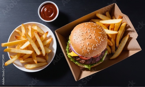 Delicious set of hamburger with fries and sauce top view