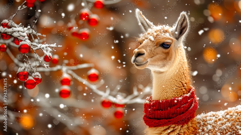 Fototapeta premium A llama wearing a red scarf standing in a snowy forest.