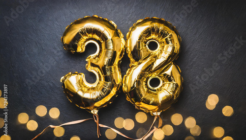 Banner with number 38 golden balloon. Thirty eight years anniversary celebration. Black background. photo