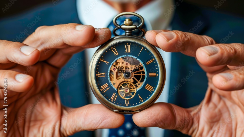 A man in a suit holding a pocket watch in the palm of his hands.