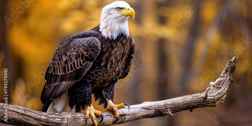 Close-up of a majestic bald eagle perched on a branch, autumn forest background.