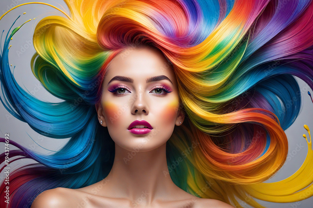 Fototapeta premium Beautiful young woman with developing hair in a rainbow polish. AI generative.