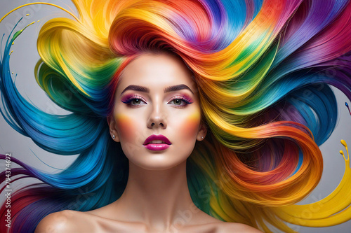 Beautiful young woman with developing hair in a rainbow polish. AI generative.