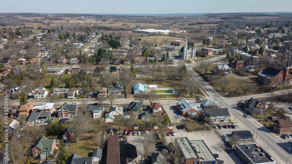 Aerial view of a commercial section of a rural town