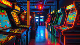 A neon-lit room with many video game machines