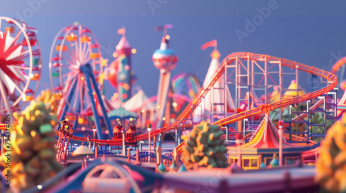 A colorful amusement park with a roller coaster and a Ferris wheel