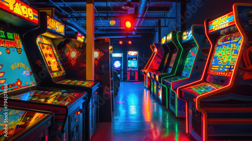 A neon-lit room with many video game machines