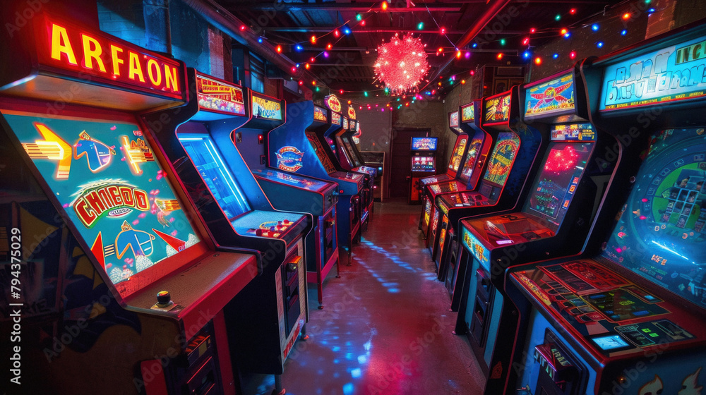 A row of arcade games with a neon sign that says Arfaon