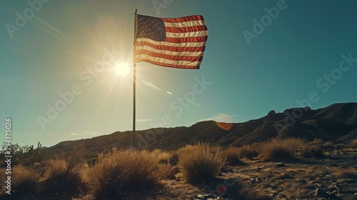  American Flag Waving in Desert Landscape at Sunset