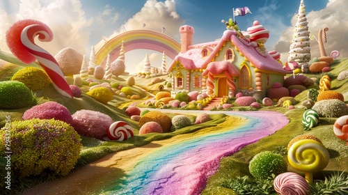 A rainbow over a candy land battlefield, where colorful sugary warriors regroup for a clash against a vibrant sky photo